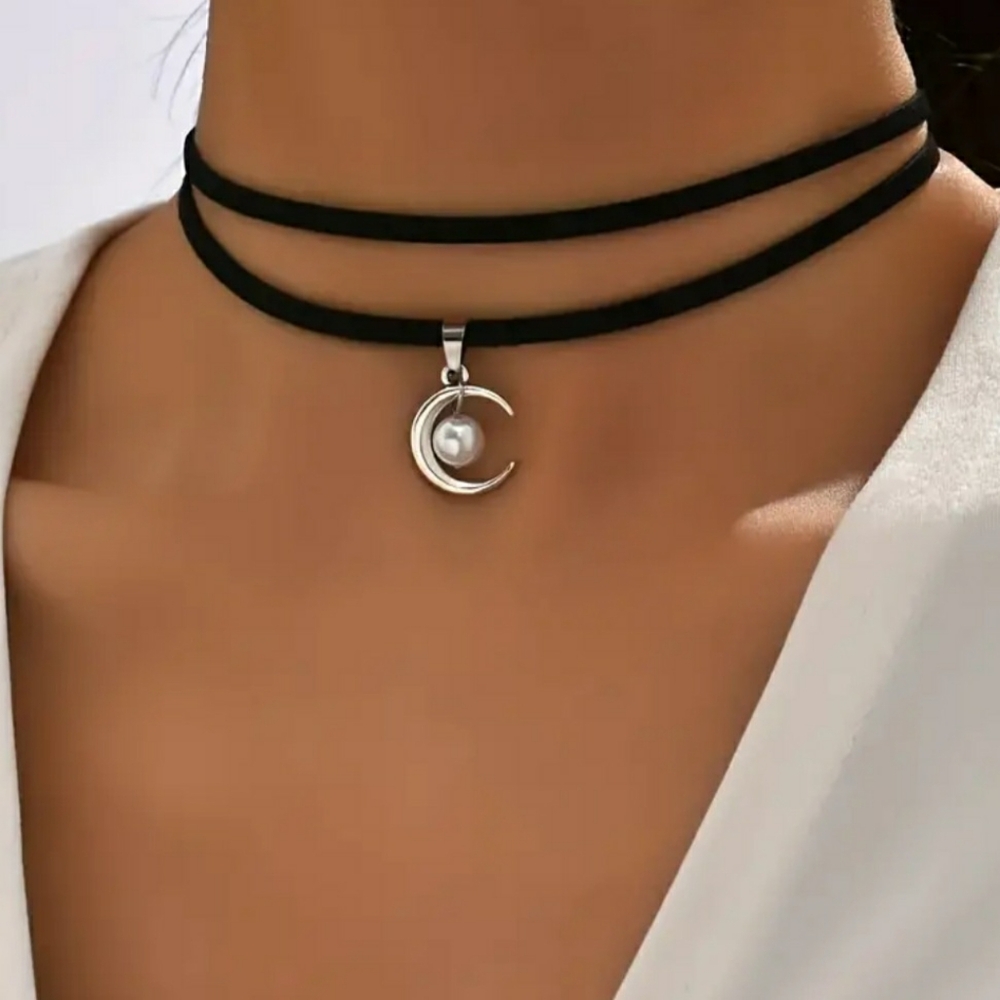 NEW Double Layer Black and Silver Moon Pearl Pendant Coker Necklace